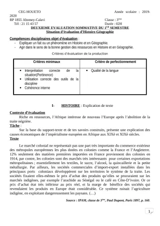 Première page de Histoire-Géographie 3e, 3e ML — 2e évaluation sommative, 1er semestre (2019-2020) · CEG HOUETO