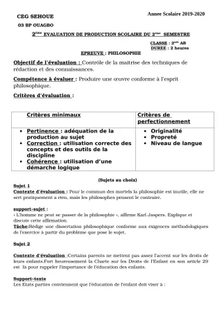 Première page de Philosophie 2nde A1, 2nde A2 — 2e production scolaire, 2e semestre (2019-2020) · CEG SEHOUE
