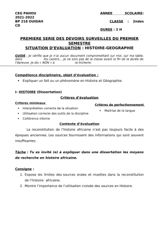 Première page de Histoire-Géographie 2nde C, 2nde D — 1er devoir surveillé, 1er semestre (2021-2022) · CEG PAHOU