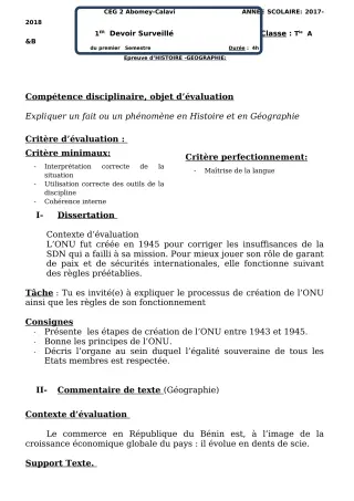 Première page de Histoire-Géographie Tle A2, Tle B — 1er devoir surveillé (2018-2019) · CEG2 ABOMEY - CALAVI (CEG ZOCA)