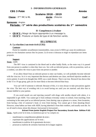 Première page de Anglais 3e, 3e ML — 1re production scolaire, 1er semestre (2018-2019) · CEG3 Pobè (Akouho)