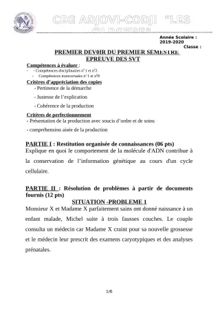 Première page de SVT Tle D — 1er semestre (2019-2020) · CEG ADJOVICODJI 'LES OLIVIERS'