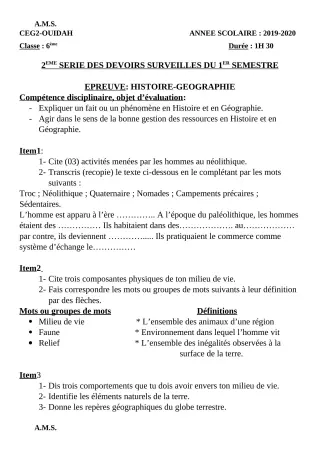 Première page de Histoire-Géographie 6e, 5e, 4e, 4e ML, 3e, 3e ML, 2nde A & B, 2nde C, 2nde D, 1ère A2, 1ère B, 1ère C, 1ère D, Tle A1, Tle A2, Tle B, Tle C, Tle D — 2e devoir surveillé, 1er semestre (2019-2020) · CEG
