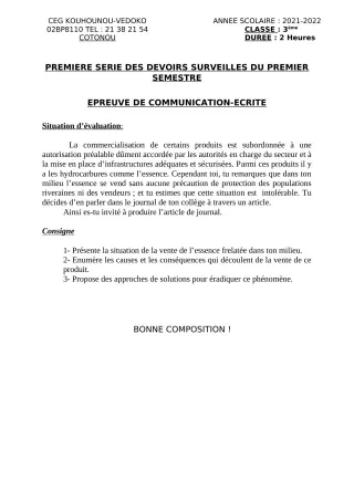 Première page de Français 3e — 1er devoir surveillé, 1er semestre (2021-2022) · CEG Kouhounou-Vêdoko