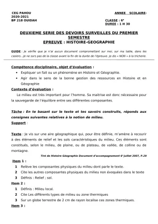 Première page de Histoire-Géographie 6e — 2e devoir surveillé, 1er semestre (2020-2021) · CEG PAHOU