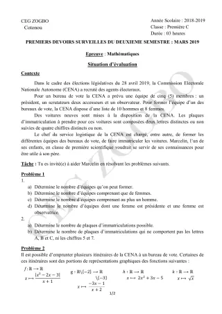 Première page de Mathématiques 1ère C — Devoir surveillé, 2e semestre (2018-2019) · CEG ZOGBO