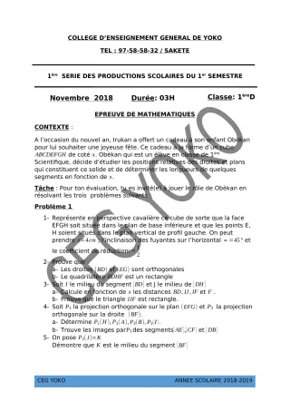 Première page de Mathématiques 1ère D — 1re production scolaire, 1er semestre (2018-2019) · CEG Yoko