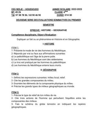Première page de Histoire-Géographie 6e — 2022-2023 · CEG Sèdjè-Houègoudo
