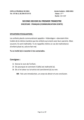 Première page de Français 6e, 5e, 4e, 3e, 3e ML, 2nde B, 2nde D — 2e devoir surveillé, 1er trimestre (2020-2021) · CEPG La Prunelle de Dieu