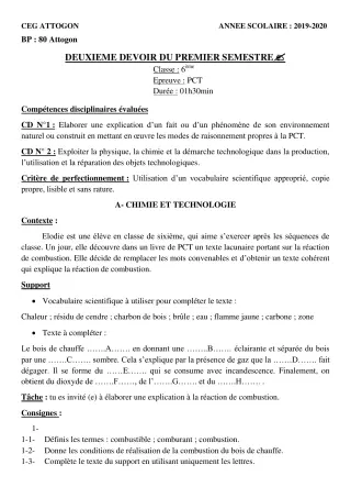 Première page de PCT 6e — 2e devoir surveillé, 1er semestre (2019-2020) · CEG Attogon