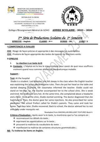 Première page de Anglais 4e — 1re production scolaire, 1er semestre (2023-2024) · CEG GOHO