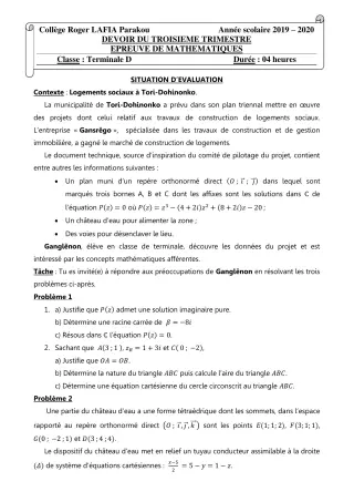 Première page de Mathématiques Tle D — Devoir surveillé, 3e trimestre (2019-2020) · CPEG Roger LAFIA