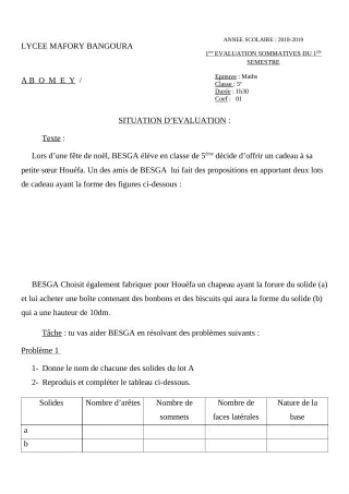 Première page de Mathématiques 5e — 1re évaluation sommative, 1er semestre (2018-2019) · Lycée Houegbadja d'Abomey (Ex Mafory Bangoura)
