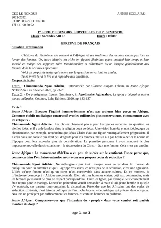 Première page de Français 2nde A1, 2nde A2, 2nde B, 2nde C, 2nde D — 1er devoir surveillé, 2e semestre (2021-2022) · CEG LE NOKOUE
