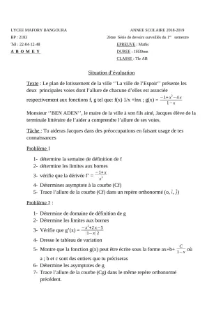 Première page de Mathématiques Tle A & B — 2e devoir surveillé, 1er semestre (2018-2019) · Lycée Houegbadja d'Abomey (Ex Mafory Bangoura)