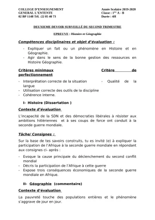 Première page de Histoire-Géographie 1ère A2, 1ère B — 2e devoir surveillé, 2e trimestre (2019-2020) · CEG L'Entente