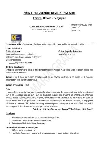 Première page de Histoire-Géographie 4e — 1er devoir surveillé, 1er trimestre (2019-2020) · CPEG MARIA GRACIA