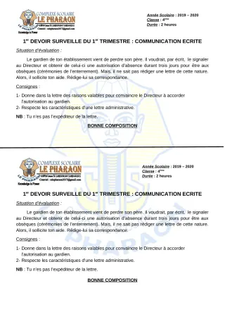 Première page de Français 4e, 4e ML — 1er devoir surveillé, 1er trimestre (2019-2020) · CPEG LE PHARAON