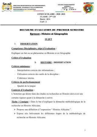 Première page de Histoire-Géographie 2nde C, 2nde D — 1er semestre (2020-2021) · CEG1 Abomey-Calavi