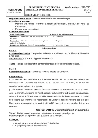 Première page de Philosophie 1ère D — 1er devoir surveillé, 1er semestre (2019-2020) · CEG Kaïtèmè