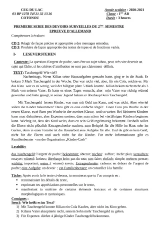 Première page de Allemand 1ère A2, 1ère B — 1er devoir surveillé, 2e semestre (2020-2021) · CEG du Lac