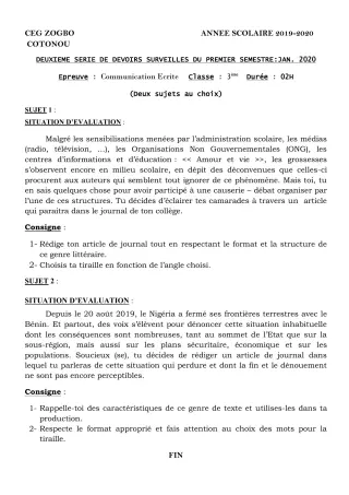 Première page de Français 3e, 3e ML — 2e devoir surveillé, 1er semestre (2019-2020) · CEG ZOGBO