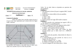 Première page de Mathématiques 5e — 2e devoir surveillé, 2e semestre (2022-2023) · CEG SEKERE