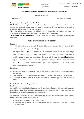 Première page de PCT 5e — 1er devoir surveillé, 2e semestre (2021-2022) · CEG SEKERE