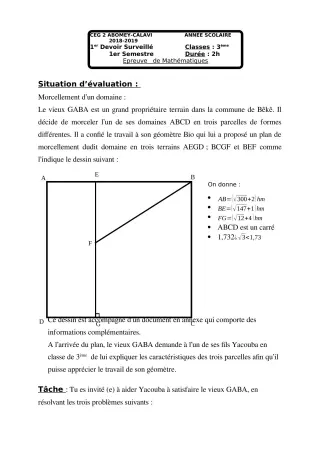 Première page de Mathématiques 3e, 3e ML — 1er devoir surveillé, 1er semestre (2018-2019) · CEG2 ABOMEY - CALAVI (CEG ZOCA)