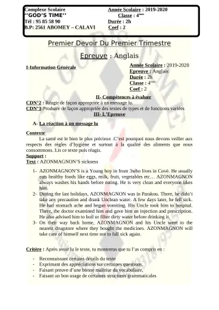 Première page de Mathématiques 4e — 1er devoir surveillé, 1er trimestre (2019-2020) · CPEG GOD'S TIME