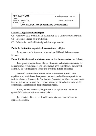 Première page de SVT 1ère A1, 1ère A2, 1ère B — 2e production scolaire, 2e semestre (2018-2019) · CEG OKEDAMA