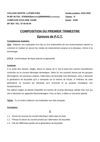 Première page de PCT 5e — Composition, 1er trimestre (2019-2020) · CPEG Martin Luther King Cotonou