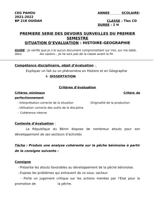 Première page de Histoire-Géographie Tle C, Tle D — 1er devoir surveillé, 1er semestre (2021-2022) · CEG PAHOU
