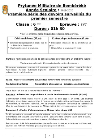 Première page de SVT 6e — 1er devoir surveillé, 1er semestre (2019-2020) · PMB