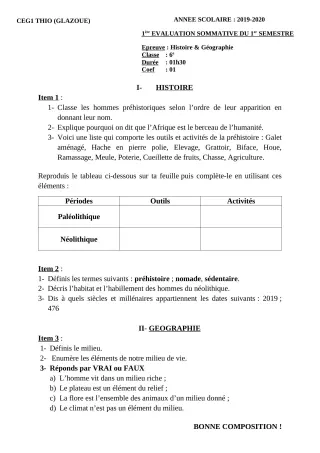 Première page de Histoire-Géographie 6e, 5e, 4e, 4e ML, 3e, 3e ML, 2nde A, 2nde D, 1ère A, Tle A2 — 1re évaluation sommative, 1er semestre (2019-2020) · Ceg1 thio
