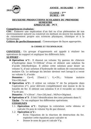 Première page de PCT 6e, 5e, 4e, 4e ML, 4e ML&MC, 3e, 3e ML — 2e production scolaire, 1er semestre (2019-2020) · CEG II EKPE
