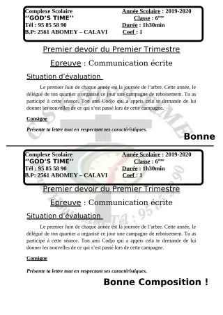 Première page de Français 6e — Composition, 1er trimestre (2019-2020) · CPEG GOD'S TIME