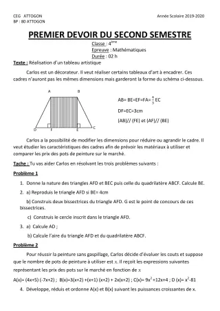 Première page de Mathématiques 4e, 4e ML — 1er devoir surveillé, 2e semestre (2019-2020) · CEG Attogon