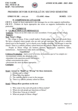 Première page de Anglais 6e — 1er devoir surveillé, 2e semestre (2023-2024) · CEG Yagbe