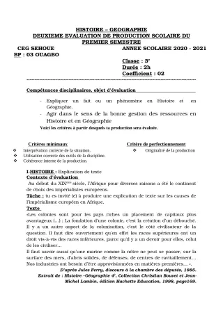 Première page de Histoire-Géographie 3e, 3e ML — 2e production scolaire, 1er semestre (2020-2021) · CEG SEHOUE