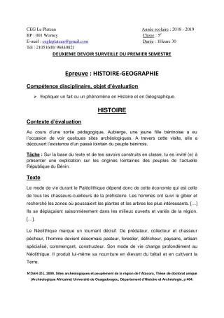 Première page de Histoire-Géographie 5e — 2e devoir surveillé, 1er semestre (2018-2019) · CEG Le Plateau