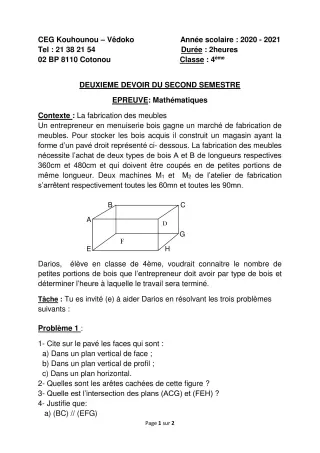 Première page de Mathématiques 4e — 2e devoir surveillé, 2e semestre (2020-2021) · CEG Kouhounou-Vêdoko