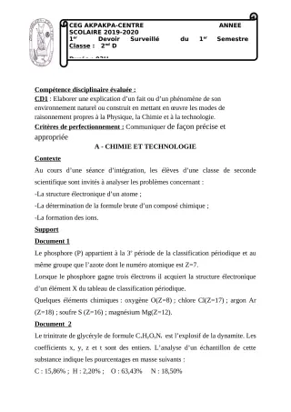 Première page de PCT 2nde D — 1er devoir surveillé, 1er semestre (2019-2020) · CEG 1 Akpakpa-Centre