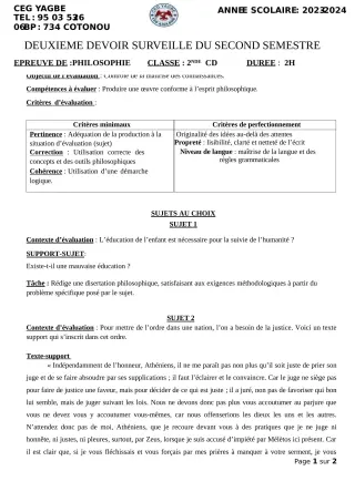 Première page de Philosophie 2nde C, 2nde D — 2e devoir surveillé, 2e semestre (2023-2024) · CEG Yagbe