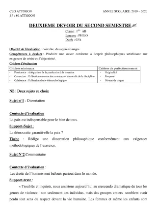 Première page de Philosophie 1ère A & B, 1ère A1, 1ère A2, 1ère B — 2e devoir surveillé, 2e semestre (2019-2020) · CEG Attogon