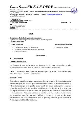 Première page de Histoire-Géographie Tle A1, Tle A2, Tle B — 1er devoir surveillé, 1er trimestre (2019-2020) · CPEG Fils-Le-Père
