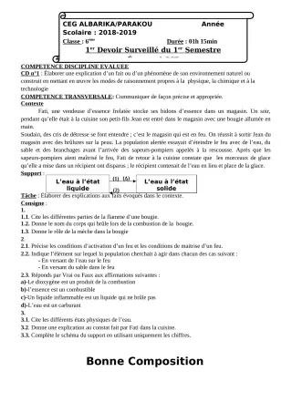Première page de PCT 6e, 5e, 4e, 3e, 2nde C, 2nde D, 1ère C, 1ère D, Tle C, Tle D — Devoir surveillé, 1er semestre (2018-2019) · CEG Albarika