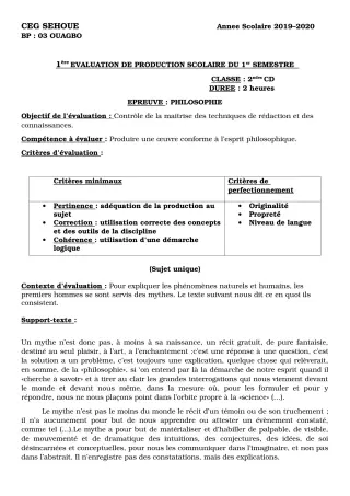 Première page de Philosophie 2nde C, 2nde D, 1ère C, 1ère D, Tle C, Tle D — 1re production scolaire, 1er semestre (2019-2020) · CEG SEHOUE