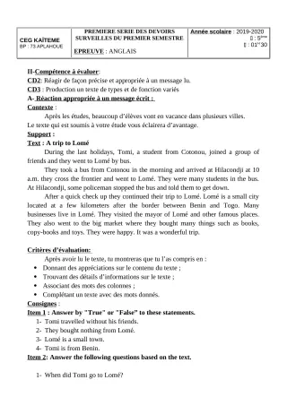 Première page de Anglais 5e — 1er devoir surveillé, 1er semestre (2019-2020) · CEG Kaïtèmè