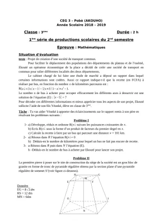 Première page de Mathématiques 3e, 3e ML — 1re production scolaire, 2e semestre (2018-2019) · CEG3 Pobè (Akouho)